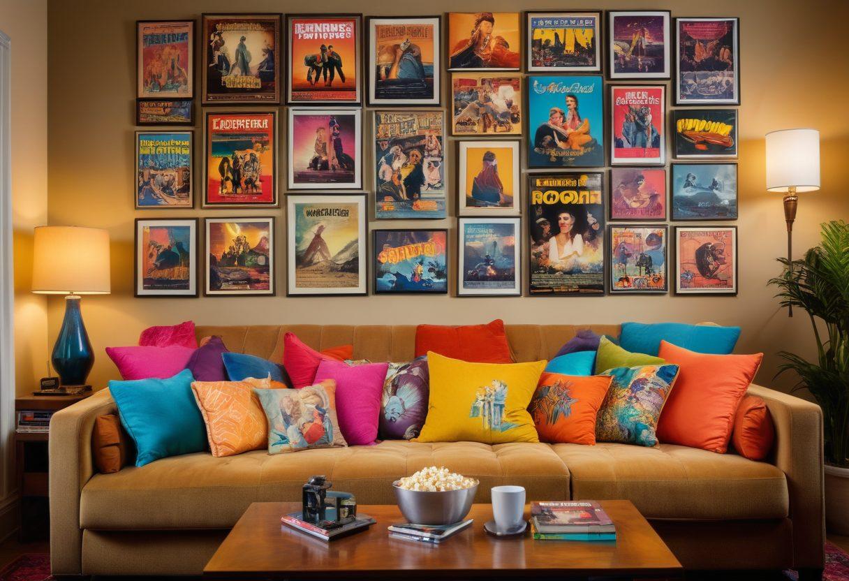 A cozy living room setting featuring a large screen displaying a collage of blockbuster and classic movie posters. A person lounging on a comfortable couch with popcorn in hand, surrounded by vibrant elements like cushions and colorful lighting reflecting a private cinema vibe. Include a coffee table with a remote control and a few classic DVDs. The atmosphere conveys relaxation and enjoyment of free streaming. super-realistic. vibrant colors. cozy ambiance.