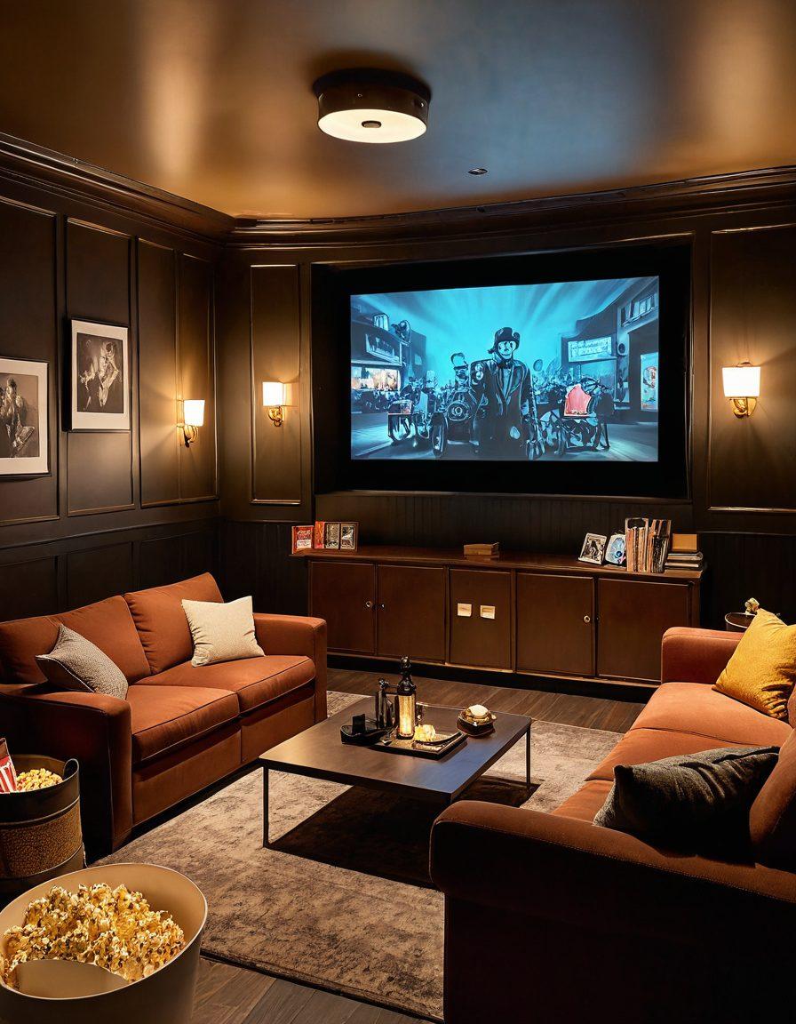 A cozy home theater setting with a vintage projector casting light onto a big screen displaying iconic classic and blockbuster film scenes. Surround the room with plush seating, popcorn buckets, and film reels, evoking nostalgia and excitement for cinema. Include warm lighting that creates an inviting atmosphere. retro style, vibrant colors, super-realistic.