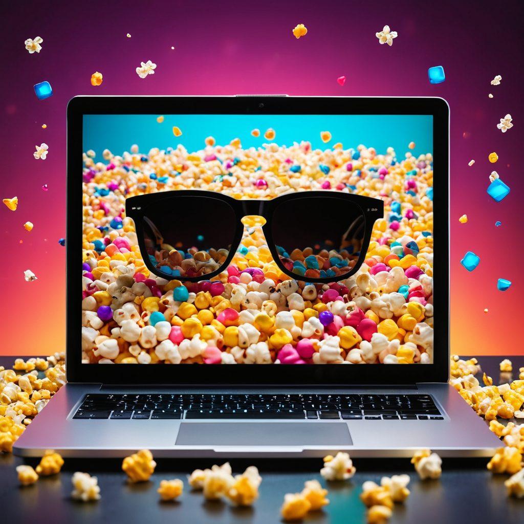 A vibrant collage of classic and modern film scenes with a laptop in the center displaying a play button, surrounded by popcorn and 3D glasses. Include subtle hints of digital movie reels and streaming icons in the background. Bright colors and playful energy to evoke excitement about free online entertainment. super-realistic. vibrant colors. playful style.